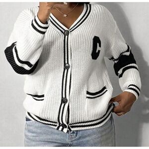 Women's Cardigan S/M Varsity Preppy White Navy Oversized Football Buttons V-neck
